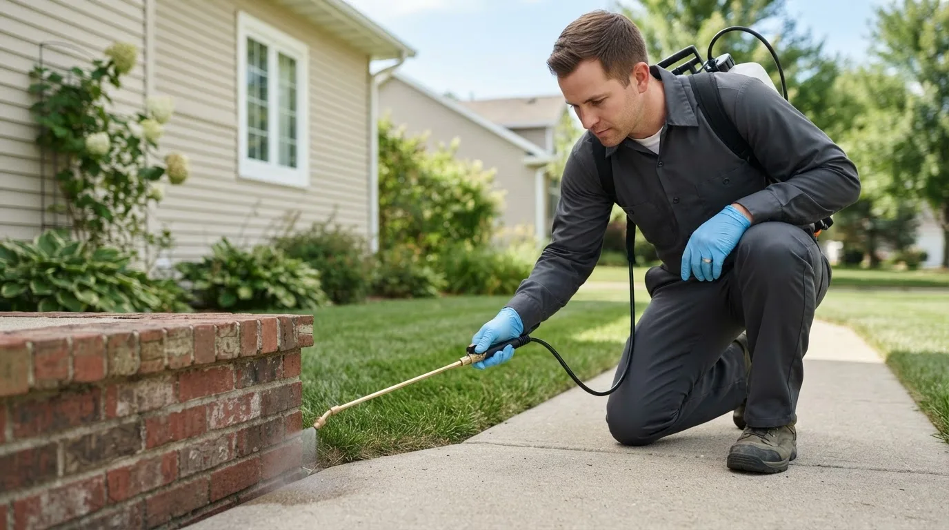 Pest control technician treating a home near Aplington, IA